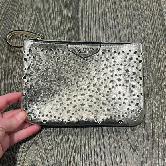 Victoria's Secret Wristlet Bag Makeup Cosmetics Zipper Closure Perforated Gold - Picture 1 of 6